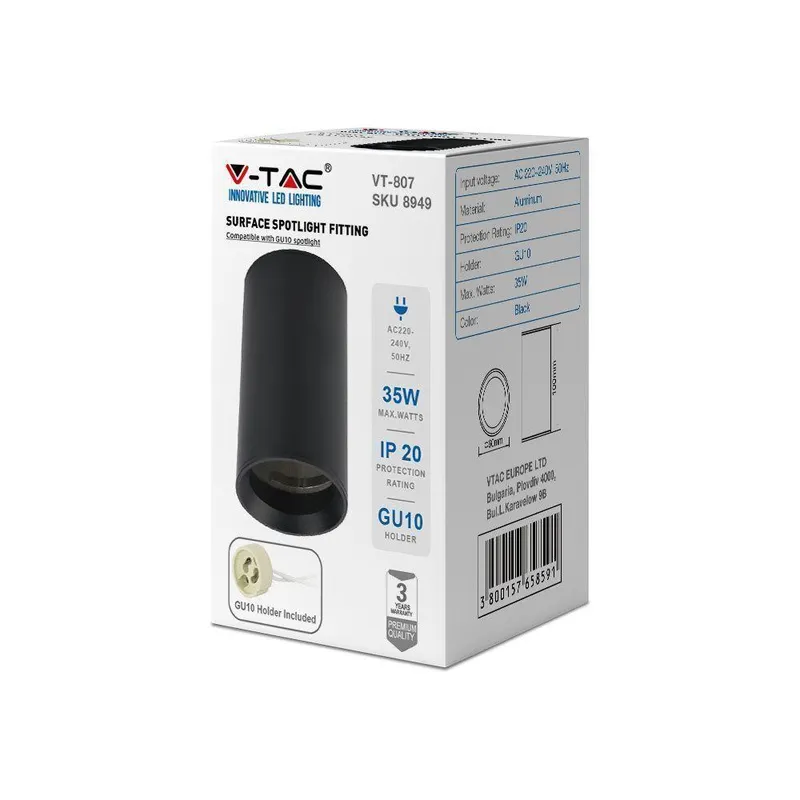 Oprawa V-TAC Aluminiowa GU10 Okrągła Natynkowa Tuba 60x100mm VT-807-B 3 Lata Gwarancji - Czarna