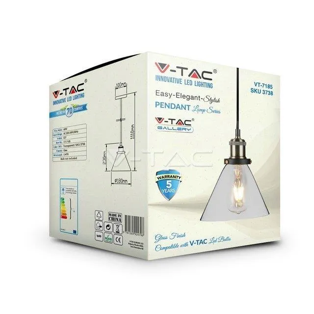 Oprawa Zwieszana V-TAC E27 Loft Vintage Szkło Transparent FI180 VT-7185 5 Lat Gwarancji