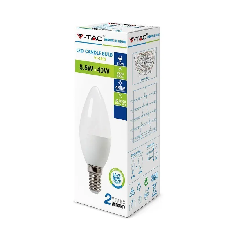 Żarówka LED V-TAC 5.5W E14 Świeczka VT-1855 6400K 470LM