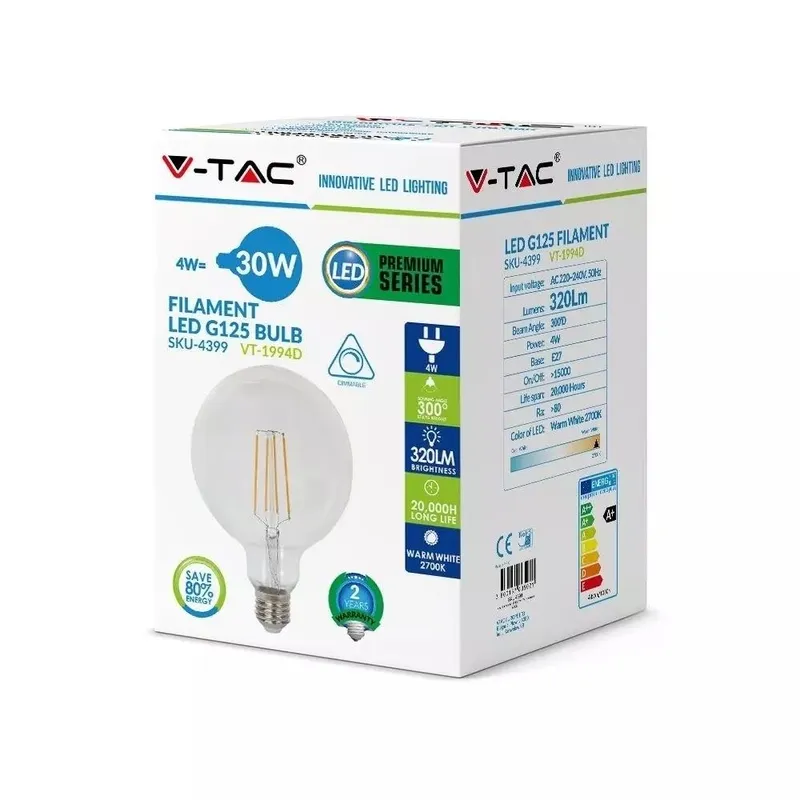 Żarówka LED V-TAC 4W Filament E27 G125 Ściemnialna VT-1994D 2700K 320LM