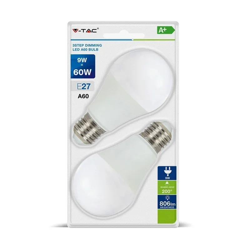 Żarówka LED V-TAC 9W E27 A60 3XKLIK Ściemnialna (Blister 2szt) VT-2129-B 4000K 806LM