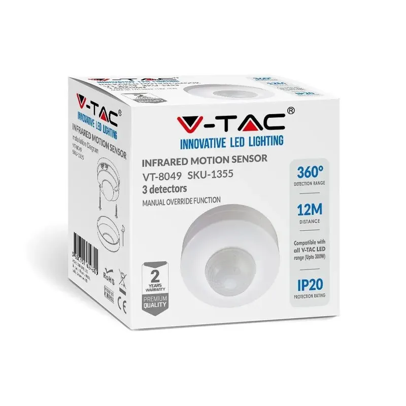 Czujnik Ruchu 360ST Z Funkcją On/Off Sufitowy V-TAC VT-8049 - Biały