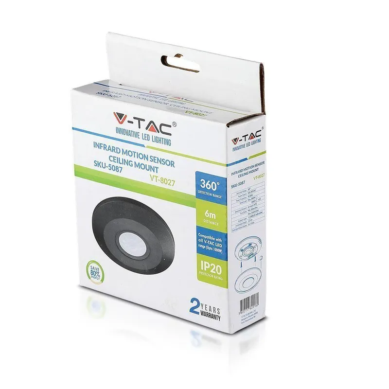 Czujnik Ruchu 360ST V-TAC Natynkowy Sufitowy Slim 25mm VT-8027 - Czarny