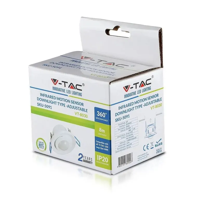 Czujnik Ruchu 360ST Wpuszczany Okrągły Regulowany V-TAC VT-8030 - Biały