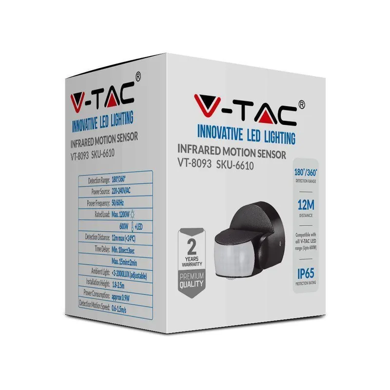 Czujnik Ruchu V-TAC Ścienny 180ST/360ST IP65 VT-8093 - Czarny