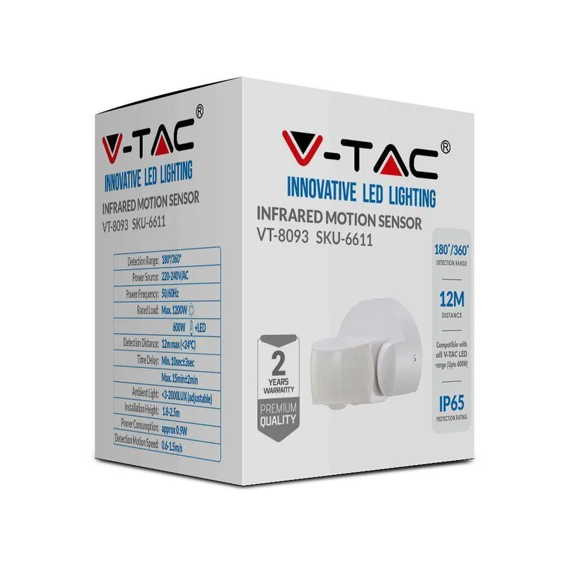 Czujnik Ruchu V-TAC Ścienny 180ST/360ST IP65 VT-8093 - Biały