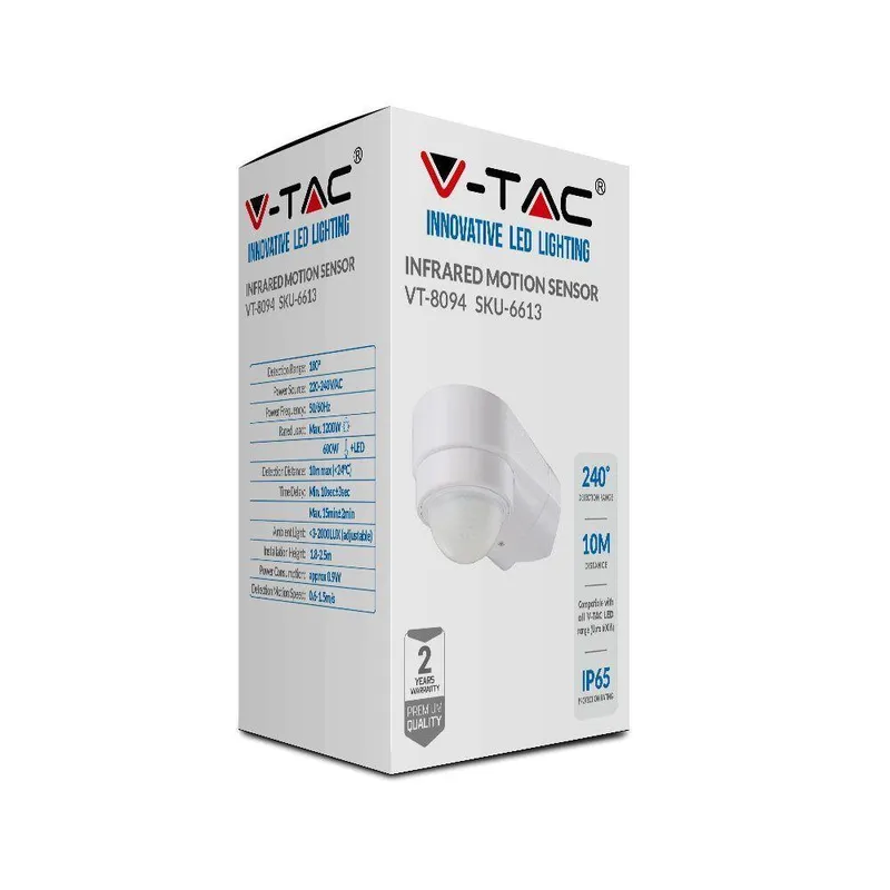 Czujnik Ruchu V-TAC Narożny 240ST 600W IP65 VT-8094 - Biały