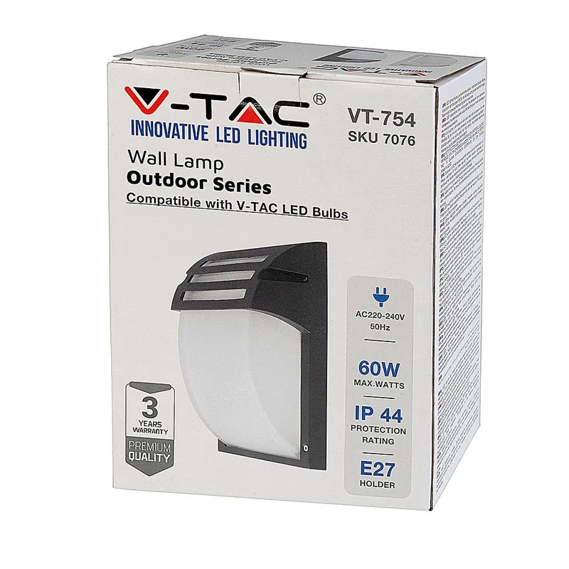 Kinkiet Ogrodowy V-TAC E27 Mrożone Szkło Czarny Mat VT-754