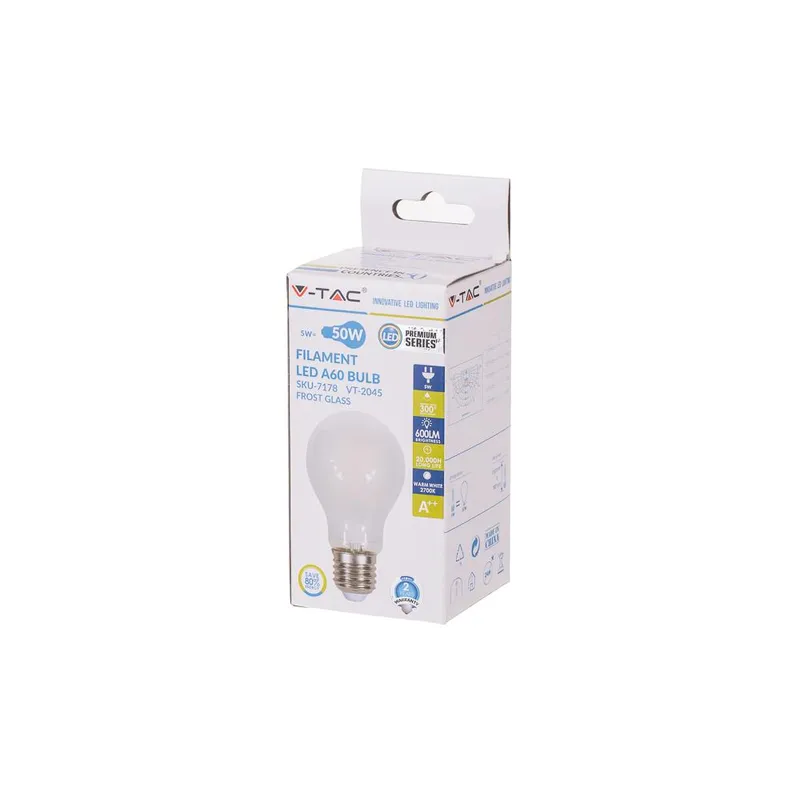 Żarówka LED V-TAC 5W Filament E27 A60 Mrożona VT-2045 6400K 600LM