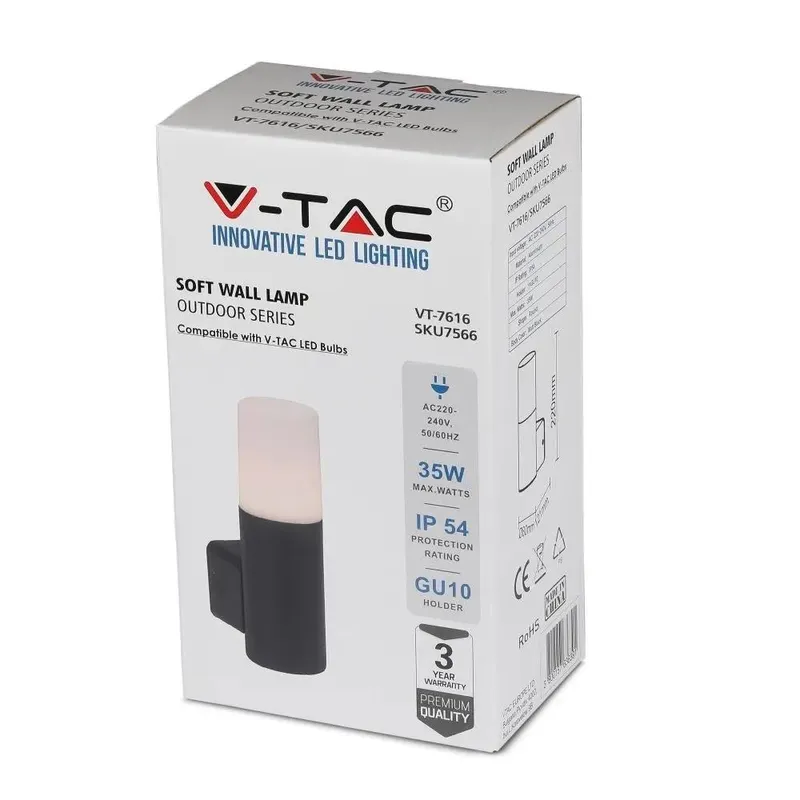 Oprawa Ogrodowa V-TAC GU10 Kinkiet Okrągły Aluminium 121x80x250mm IP54 VT-7616 3 Lata Gwarancji - Czarny