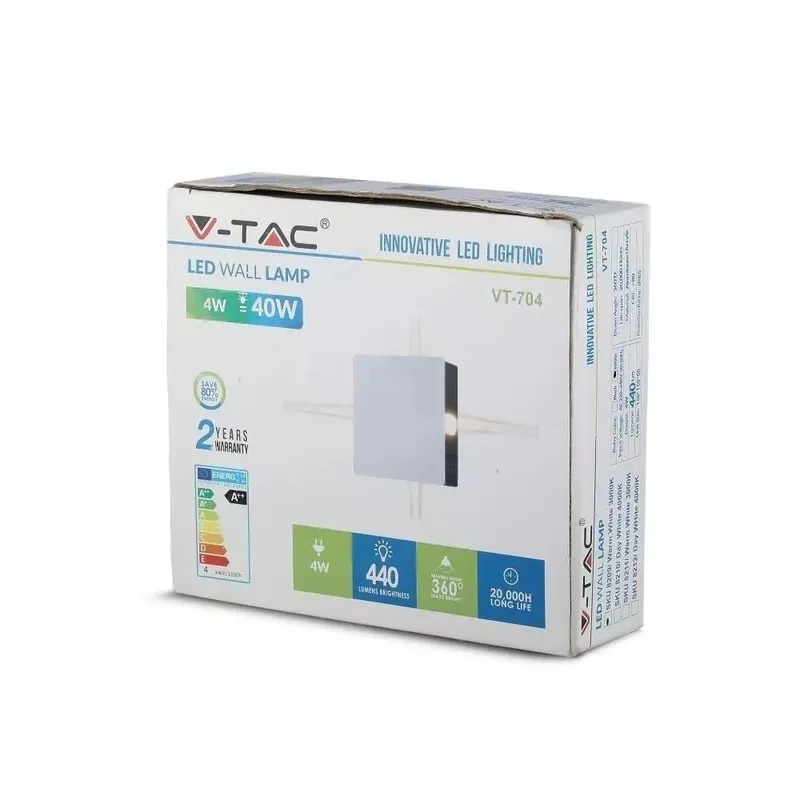 Oprawa Ścienna V-TAC 4W LED IP65 Kwadrat VT-704 4000K 440LM - Biały