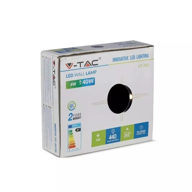 Oprawa Ścienna V-TAC 4W LED IP65 Okrągła VT-706 3000K 440LM - Czarna