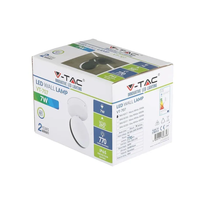 Oprawa 360ST V-TAC 7W LED Iluminacja Elewacji/Wnęk Okiennych IP65 VT-707 4000K 770LM - Biała