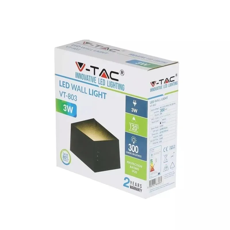 Kinkiet Ścienny V-TAC 3W BRIDGELUX CHIP VT-803 4000K 300LM - Czarny