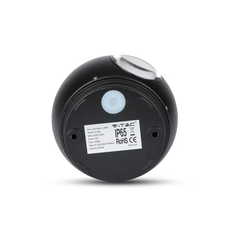 Kinkiet Ścienny V-TAC 6W LED Okrągły IP65 VT-836 3000K 660LM - Czarny