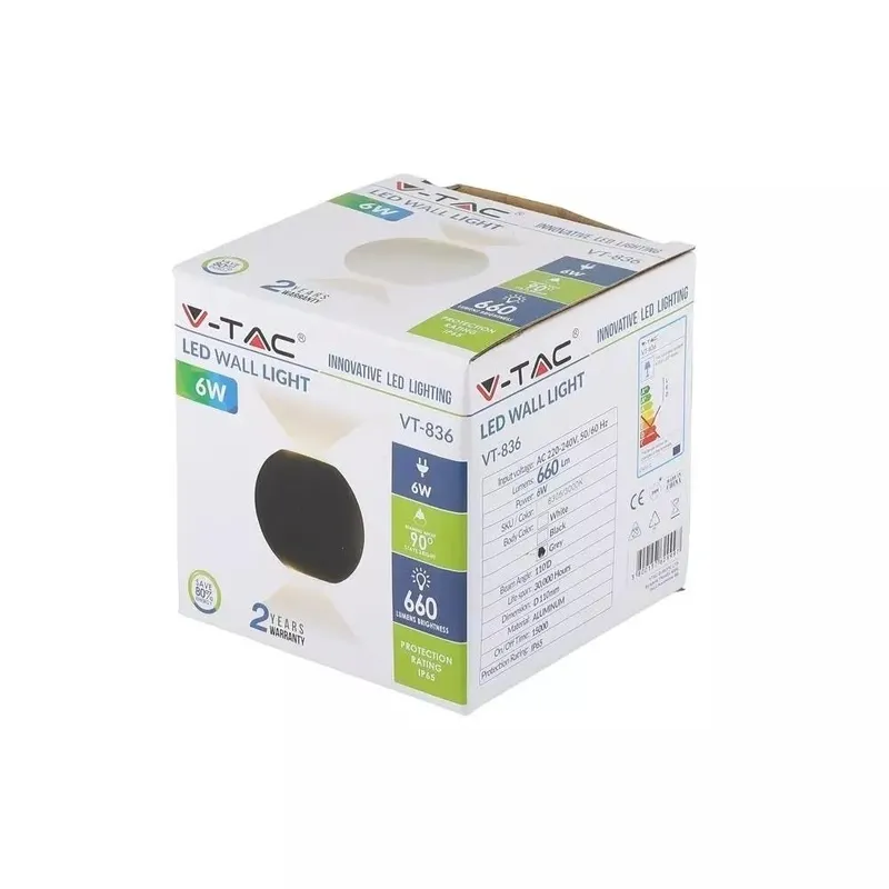 Kinkiet Ścienny V-TAC 6W LED Okrągły IP65 VT-836 3000K 660LM - Szary