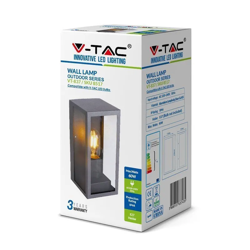Oprawa Ścienna Elewacyjna Loft V-TAC 1XE27 IP44 Czarny MAT VT-837 3 Lata Gwarancji