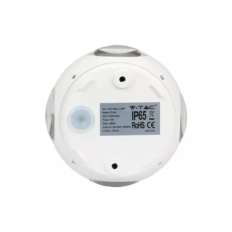 Kinkiet Ścienny V-TAC 4W LED Okrągły IP65 VT-834 3000K 440LM - Biały