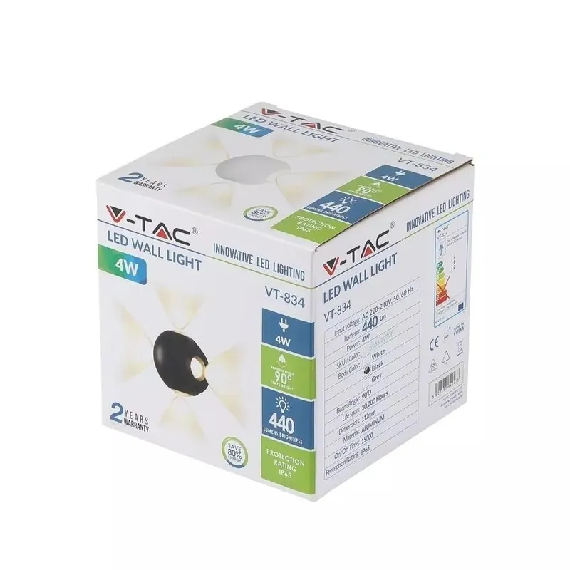 Kinkiet Ścienny V-TAC 4W LED Okrągły IP65 VT-834 4000K 440LM - Czarny