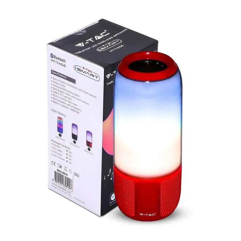 Bezprzewodowy Inteligentny Głośnik LED V-TAC Z Technologią Bluetooth 2x3W USB Micro SD VT-7456 - Czerwony