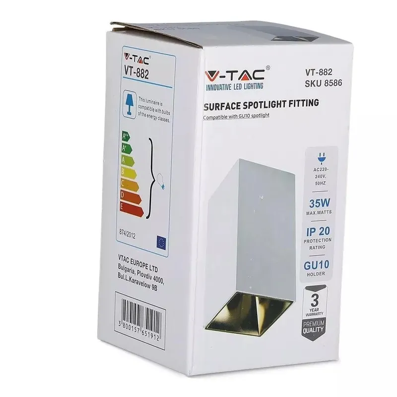 Oprawa Sufitowa V-TAC GU10 Kwadrat Natynkowa Biały+złoty 74x74x140mm VT-882-Q 3 Lata Gwarancji