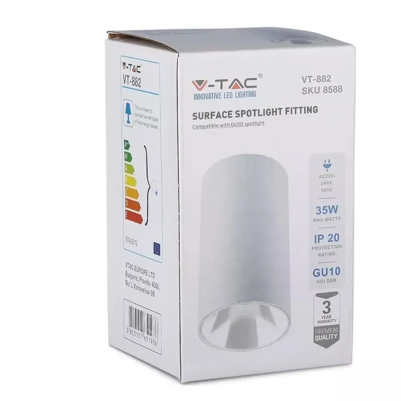 Oprawa Sufitowa V-TAC GU10 Okrągła Natynkowa Tuba 80x140mm VT-882-R 3 Lata Gwarancji - Biała