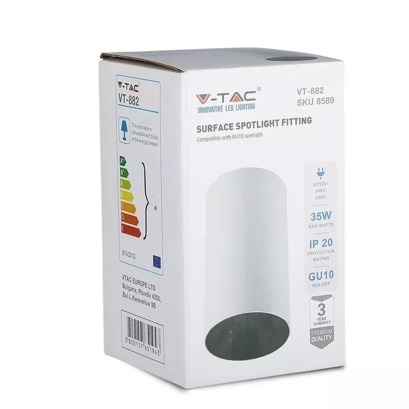 Oprawa Sufitowa V-TAC GU10 Okrągła Natynkowa Tuba Biały+czarny 80x140mm VT-882-R 3 Lata Gwarancji