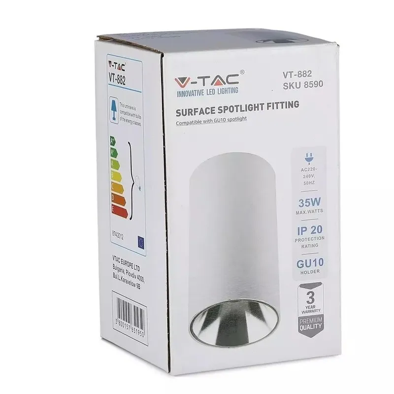 Oprawa Sufitowa V-TAC GU10 Okrągła Natynkowa Tuba Biały+chrom 80x140mm VT-882-R 3 Lata Gwarancji