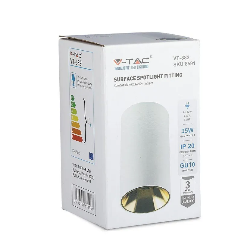 Oprawa Sufitowa V-TAC GU10 Okrągła Natynkowa Tuba Biały+złoty 80x140mm VT-882-R 3 Lata Gwarancji