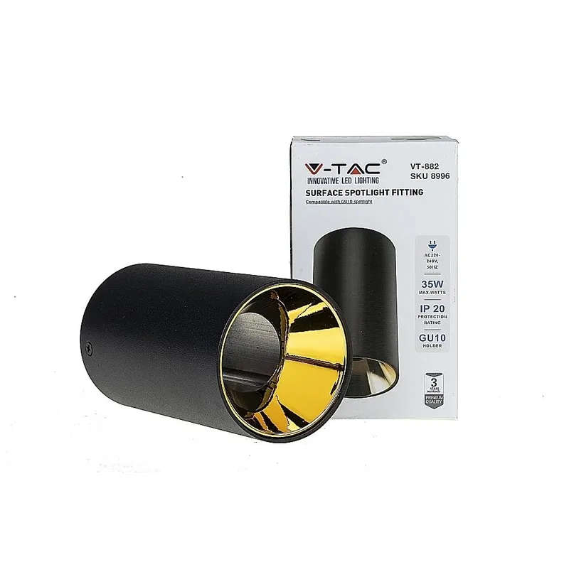 Oprawa Sufitowa V-TAC GU10 Okrągła Natynkowa Tuba Czarny+złoto 80x140mm VT-882RD 3 Lata Gwarancji