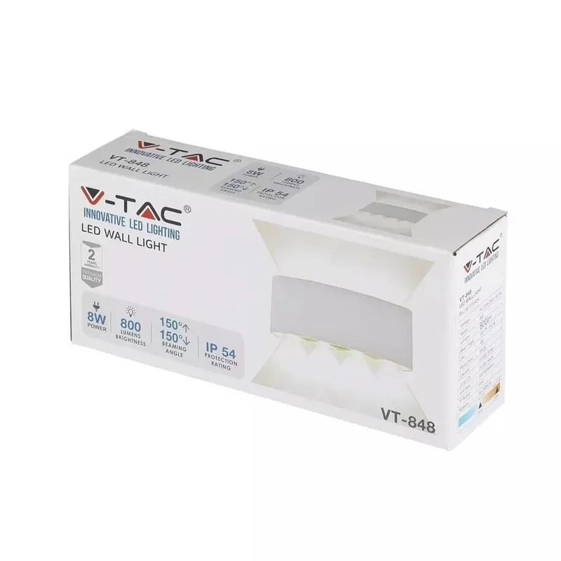 Oprawa Ścienna Góra Dół V-TAC 8W LED IP54 VT-848 4000K 800LM - Biała