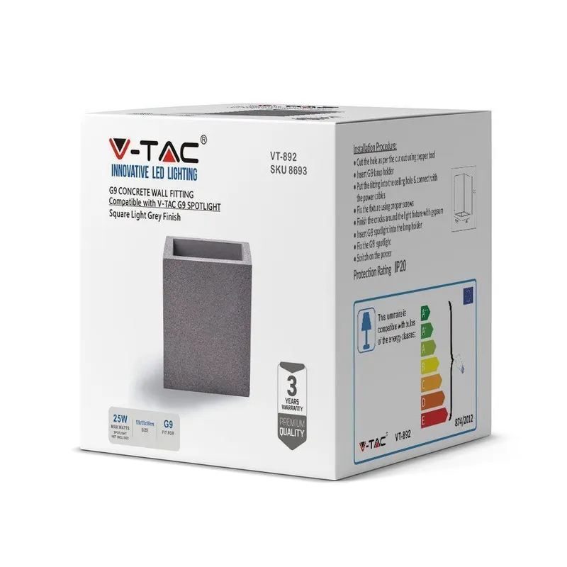 Kinkiet V-TAC Beton G9 LED Kwadrat Jasno IP20 VT-892 - Szary