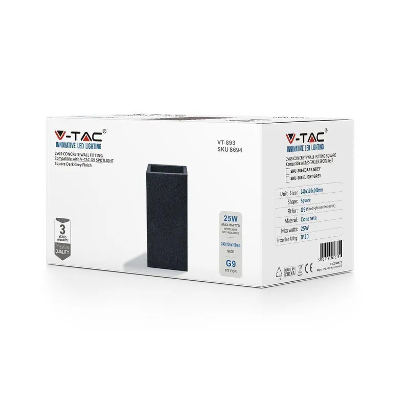 Kinkiet V-TAC Beton 2XG9 LED Prostokąt Ciemny IP20 VT-893 - Szary