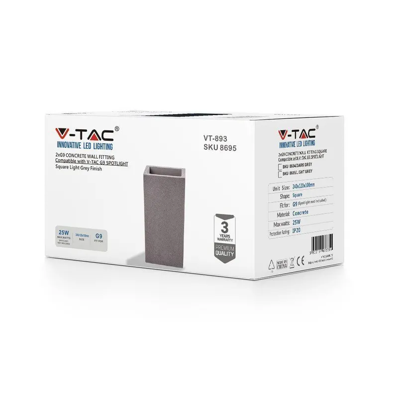 Kinkiet V-TAC Beton 2XG9 LED Prostokąt Jasno IP20 VT-893 - Szary