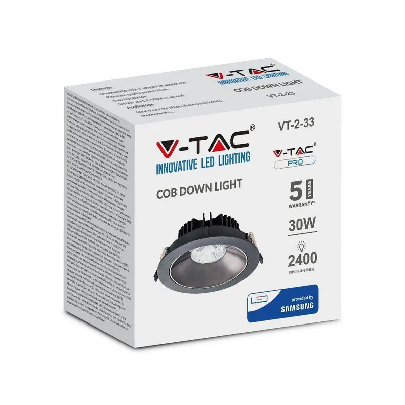 Oprawa Downlight V-TAC SAMSUNG CHIP 30W Uchylna VT-2-33 6400K 2400LM 5 Lat Gwarancji - Czarna