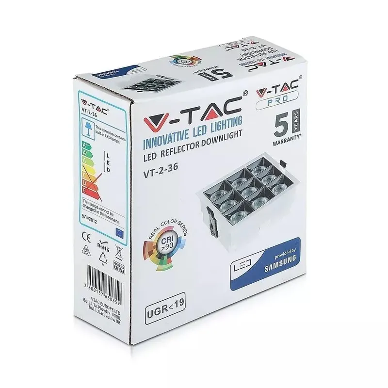 Oprawa V-TAC Downlight SAMSUNG CHIP 36W UGR19 CRI90+12ST VT-2-36 2700K 2880LM 5 Lat Gwarancji