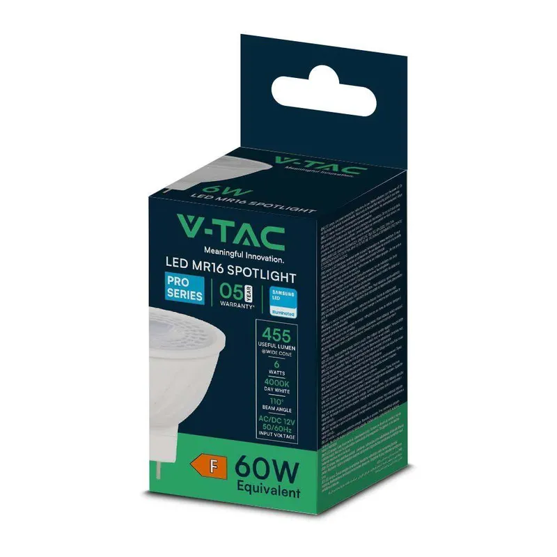 Żarówka LED V-TAC SAMSUNG CHIP 6W GU5.3 MR16 12V 110ST VT-257 6500K 455LM 5 Lat Gwarancji