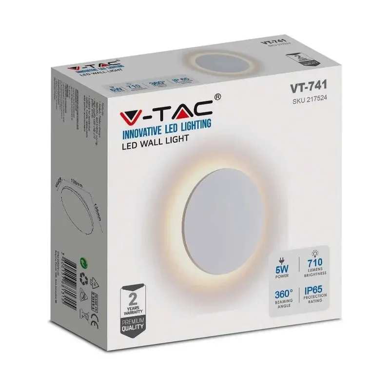Oprawa Ścienna Kinkiet 5W V-TAC E27 BRIDGELUX Okrągły 135mm IP65 VT-741 3000K 710LM - Biały