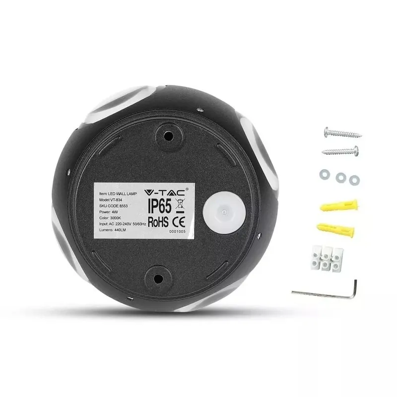 Kinkiet Ścienny V-TAC 4W LED Okrągły IP65 VT-834-B 4000K 428LM - Czarny