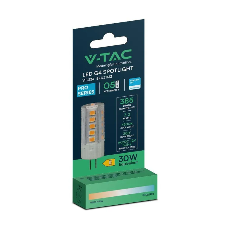 Żarówka LED V-TAC SAMSUNG CHIP 3.2W G4 12V VT-234 3000K 385LM 5 Lat Gwarancji