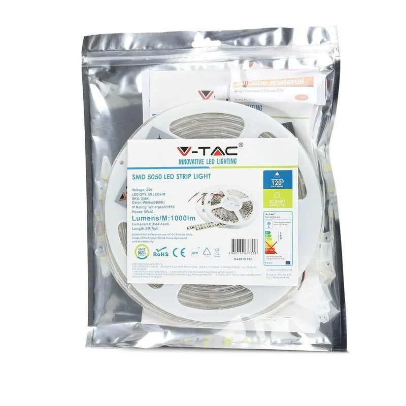 Taśma LED V-TAC SMD5050 300LED 24V IP65 Rękaw 10W/M VT-5050 60-IP65 6400K 830LM