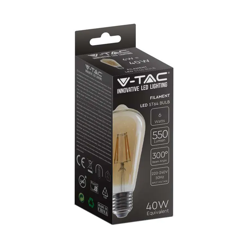 Żarówka LED V-TAC 6W E27 Filament Bursztyn Vintage ST64 VT-1966 2200K 550LM