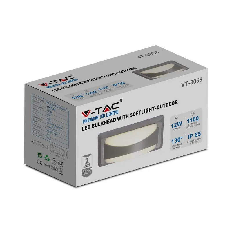 Oprawa Ścienna V-TAC 12W LED IP65 VT-8058 4000K 1160LM - Szara