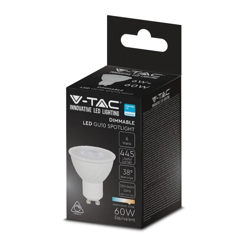 Żarówka LED V-TAC SAMSUNG CHIP 6W GU10 38ST Ściemnialna VT-227 4000K 445LM 5 Lat Gwarancji