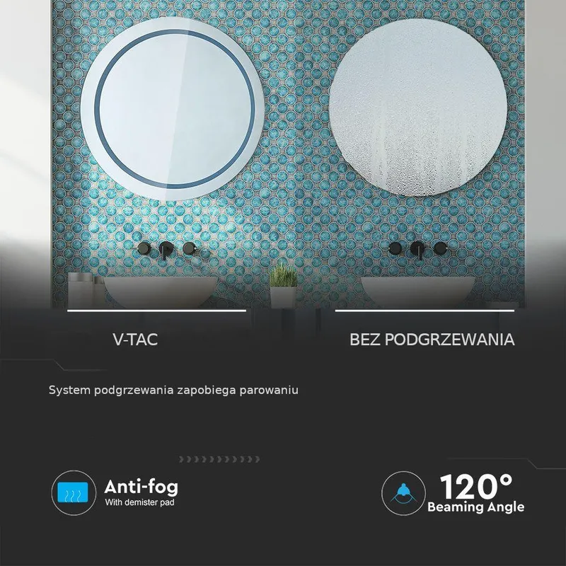 Lustro V-TAC 25W LED Anty Para Okrągłe 60cm IP44 Wł Dotyk Barwa CCT 3w1 VT-8602 3w1 85LM