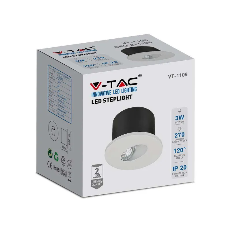Oprawa Schodowa 3W LED V-TAC Okrągła 230V VT-1109 4000K 270LM - Biała