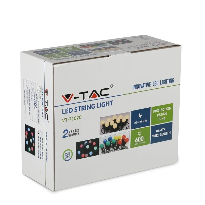Girlanda Ogrodowa V-TAC (Sznur) LED 10 Metrów 20 Żarówek 0,5W IP44 VT-71020 6000K 960LM