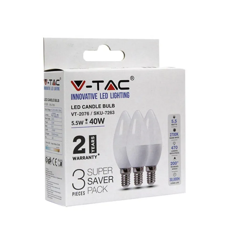 Żarówka LED V-TAC 4,5W E14 Świeczka (Opak. 3szt) VT-2076 2700K 470LM