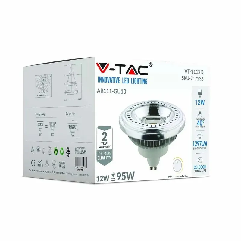 Żarówka LED V-TAC AR111 12W GU10 40ST COB Ściemnialna VT-1112 6400K 1301LM