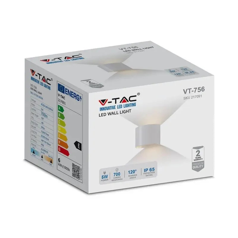 Oprawa Ścienna 5W V-TAC Góra Dół Regulowana Okrągły IP65 BRIDGELUX VT-756 4000K 700LM - Biały